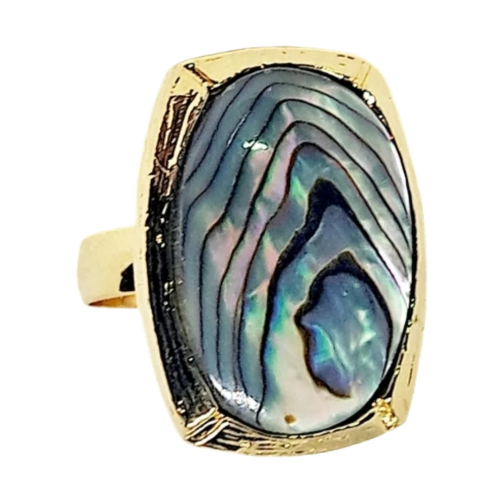 Gold Tone Adjustable Ring with Abalone Shell Inlay